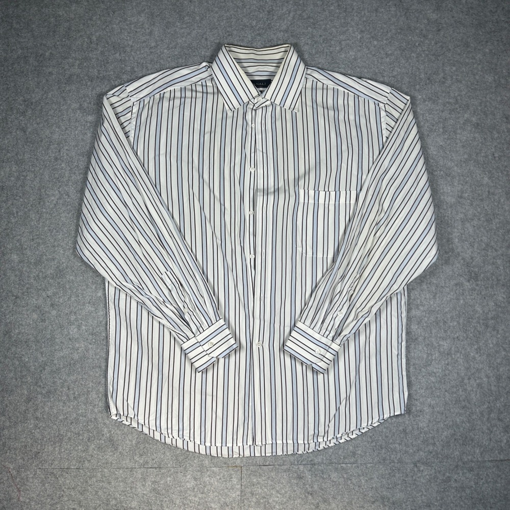 Canali Button down Shirt Mens 17 XL White Blue Brown Striped Button Down Italy